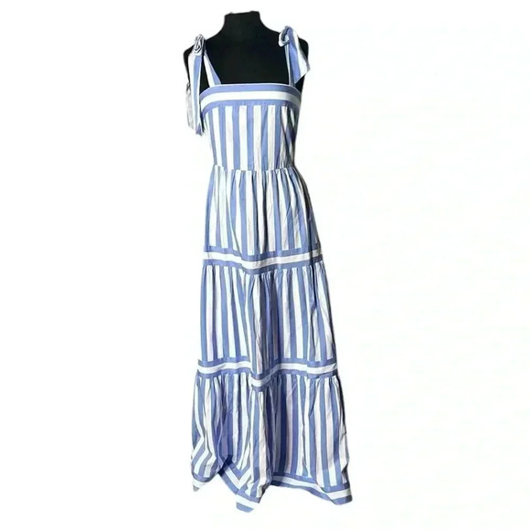 Aura Blue White Stripe Boho Sleeveless Tiered Maxi Dress Size M - Picture 1 of 10